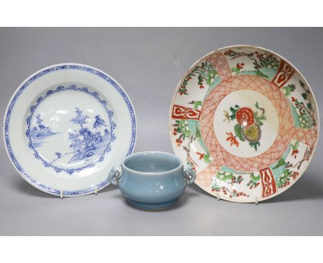 A Chinese Kangxi famille verte dish, 26.5cm, a Chinese blue and white plate and a blue glazed censer, inscribed