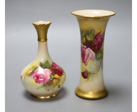 A Royal Worcester trumpet vase, shape G923 painted with roses by M. Hunt, signed, date code 1925 and another vase, shape G702