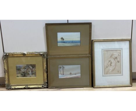 Sir George Hayter, pen and ink sketch, 19 x 13.5cm. a pair of early 20th century watercolour desert scenes, 10 x 17.5cm, a st