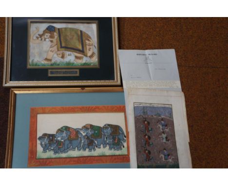 2 indian framed silks together with a Persian illuminated manuscript  - possibly late 18th/19th century 