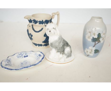 Royal Worcester old english puppy, royal Copenhagen vase, early jasper ware jug &amp; Minton dish