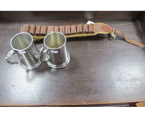 A Vintage Leather Cartridge Belt, (overall length 106cm); a one pint pewter mug with fox handle and 'The Old Sheffield Tankar