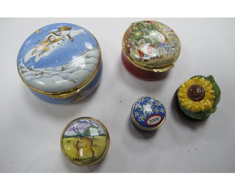 Halcyon Days Enamelled Trinket Boxes, 2000, Sunflower, Moorcroft Antelope, Doulton Flying Snowman and Christmas Tree, no boxe