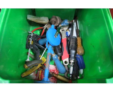 Tools; screwdrivers, clamps, chest drill, wrench, hammer, socket, pliers etc.