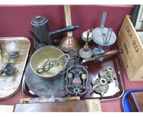 Brass Sundial, copper posser stick, brass jam pan, chocolate pot, etc:- One Tray