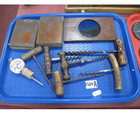 A Collection of Six Vintage Corkscrews, a 'White Dry Club Gin' Bowkers Pourer, a pair of printing blocks, Carpenter &amp; Wes