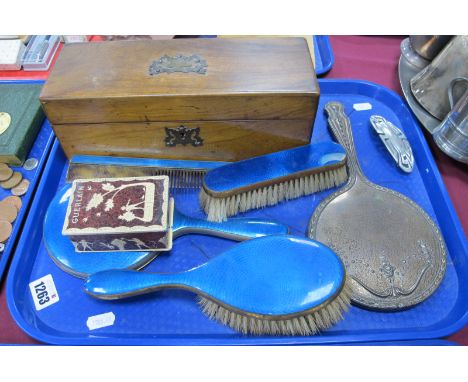 Late XIX Century Walnut Glove Box, with monogrammed brass cartouche and lock plate, blue silk lined and fitted with glove str
