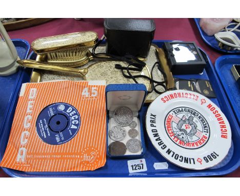 Vickers of Sheffield Token, George V coinage, brooch, gilt trinket set, camera, plate, record:- One Tray