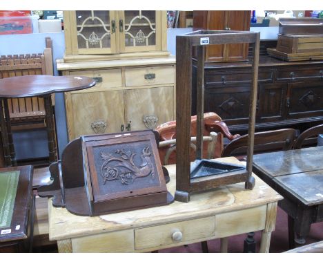 Oak Corner Stick Stand, with drip tray, 61cm high, oak corner wall cabinet, with pokerwork carved door. (2)