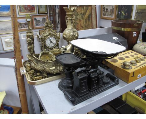 Table Lamps, clock, posy bowl, other brassware:- One Tray