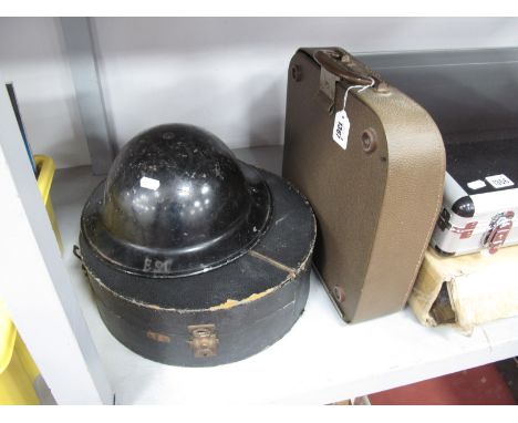 Black Painted Metal Helmet, stamped 'ESC', typewriter, classical records in case.