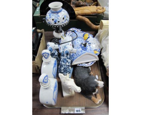 Lamp, decanters, horse head model, Sandicast Bernese mountain dog, etc:- One Tray