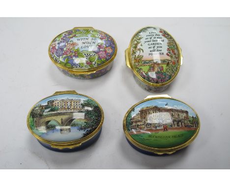Halcyon Days Enamelled Trinket Boxes, Buckingham Palace, Chatsworth House,With So Much Love, Live Every Day, all oval, no box
