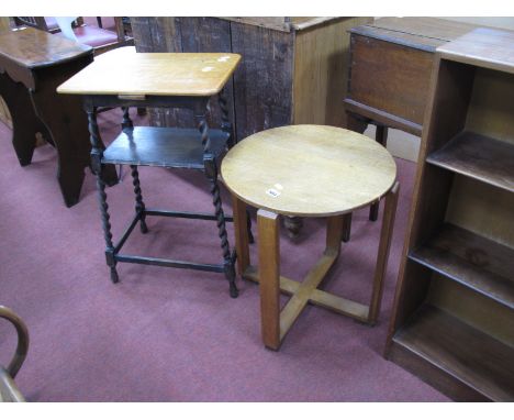 1930's Light Oak Circular Coffe Table, 48cm wide, another on barley twist legs. (2)