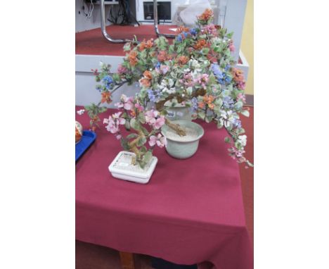 A Multi-Coloured Glass Bonsai Tree, in ceramic pot; together with two smaller examples. (3)