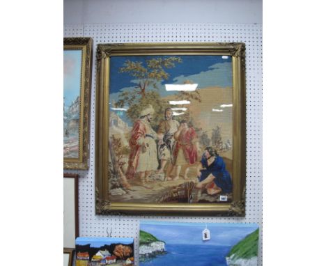 A Large XIX Century Tapestry Panel, depicting biblical style scene with robed gentlemen, ornate gilt painted frame and glazed