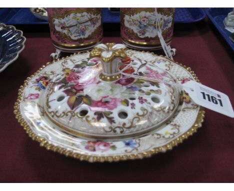 Chamberlain Worcester XIX Century Pot Pourri, hand painted with roses, gilt gadrooned border and handle to pierced lid, 16.5c