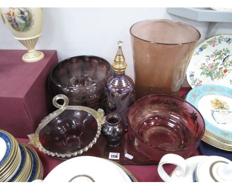 Amethyst Cloud Glass Facet Cut Bowl on Stand, ruby glass basket, bucket vase, foliate engraved and gilt highlighted decanter,