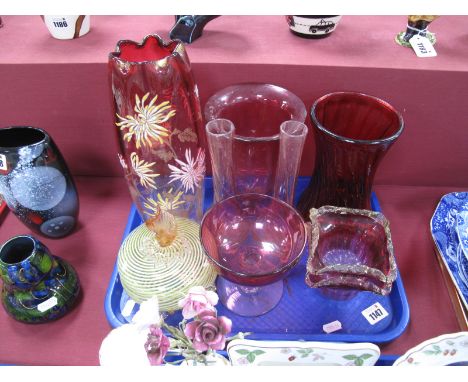 Cranberry Glass Vase, painted in multi-coloured enamels with flowers, celery vase, dishes, powder bowl and cover with spiral 