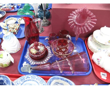 Cranberry Glass; Jack in the pulpit vase, frilled epergne flute, sugar bowl and cream jug, jugs, a Whitefriars ruby glass jug