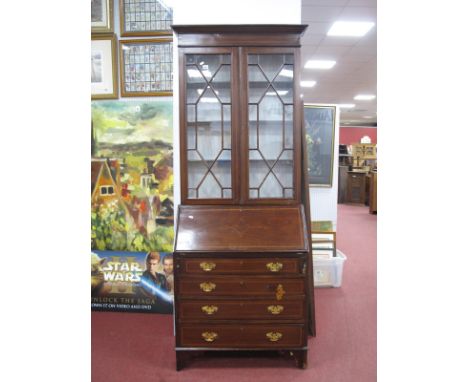 Edwardian Inlaid Mahogany Bureau Bookcase, with stepped pediment, astragal glazed doors, over fall front, four graduated draw