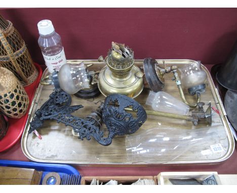 Pair of Bowbros Wall Gas Lights, circa 1900, with swivel arms, F.S &amp; Co bracket, holding brass oil lamp, etc:- One Tray