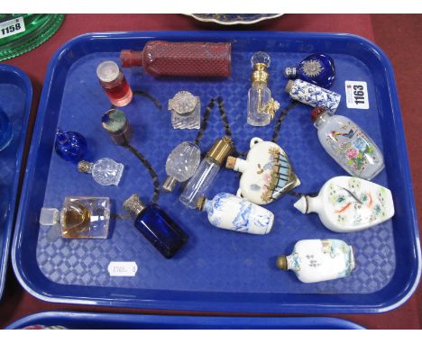 Oriental: Four Scent Bottles, in ceramic and glass European heart shaped and many others:- One Tray