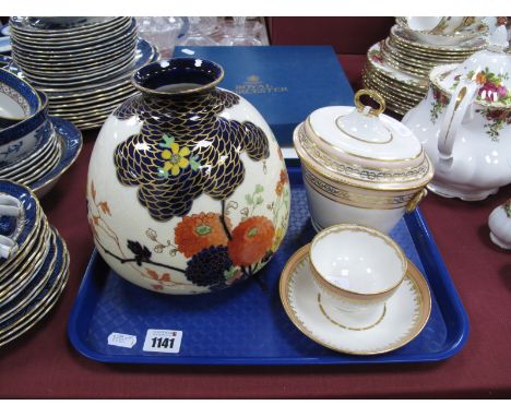 Crown Derby XIX Century Oval Sucrier, with salmon pink and gilt bands, 14cm wide, puce painted mark, similar tea bowl and sau