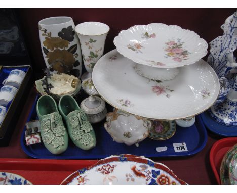 Limoges Porcelain Trinket Pot, containing two miniature perfume bottles, German porcelain and one other tazzas, Coalport and 