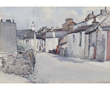 Reginald G. Haggar R.I., A.R.C.A., F.R.S.A. (British 1905-1988) Village street scene with figures Signed and dated 15 June '7