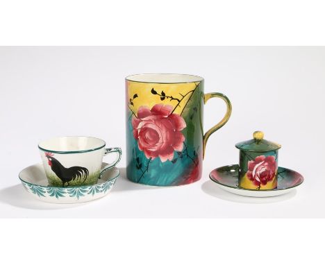 Wemyss tea cup and saucer, decorated with a cockerel and words "Bon Jour", Wemyss preserve pot, cover and stand decorated wit