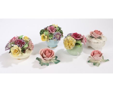 Two Adderley China floral baskets, Karl Ens dish and cover with rose form finial, two Karl Ens porcelain roses, Queens Floral