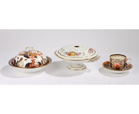 Crown Derby porcelain muffin dish and cover, together with a tea cup and saucer and a Copeland Pot Pourri, (3) 
