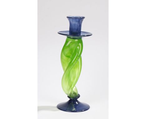 James Carcass art glass candlestick, with blue sconce and foot linked by a twisted lime green stem, signed to foot, 28.5cm hi
