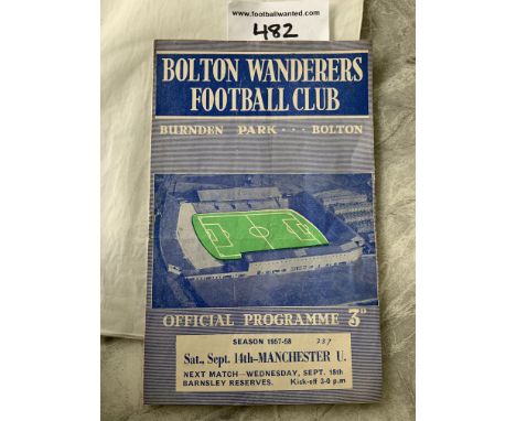 57/58 Bolton Wanderers v Manchester United Football Programme: Number to cover and score to back page with light fold.