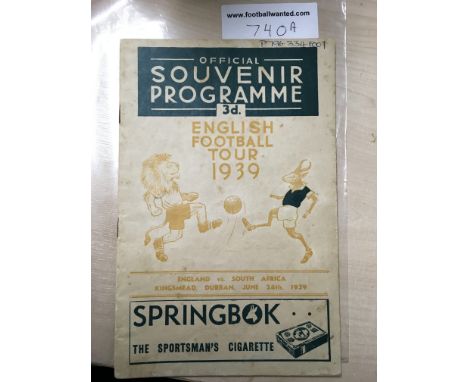 1939 South Africa FA v English FA Football Programme: Played in Durban on 24 6 1939 with rusty staples making centre page loo