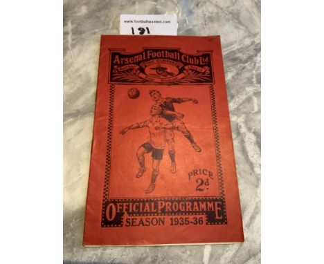 35/36 Arsenal v Aston Villa Football Programme: Good condition with no team changes. Letter written in top corner.