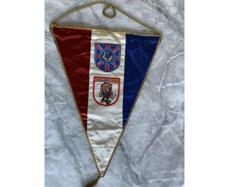 1966 World Cup Football Pennant: Fifteen inch red white and blue pennant with World Cup Logo and World Cup Willie cloth badge