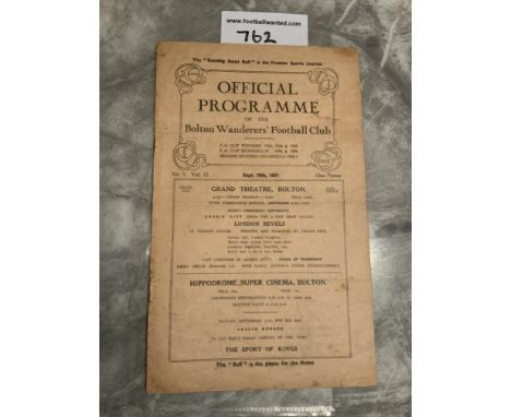 31/32 Bolton Wanderers v Middlesbrough Football Programme: 1st Division match dated 19 9 1931. Good with no team changes. Fol