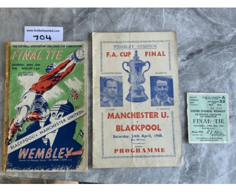 1948 FA Cup Final Programmes + Ticket: Official Blackpool v Manchester United programme has taped edge and score to cover. Pi