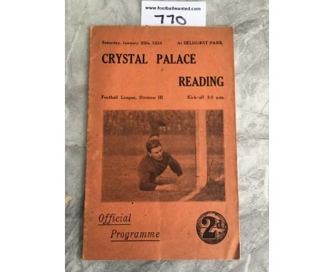 33/34 Crystal Palace v Reading Football Programme: 3rd Division match dated 20 1 1934. Very good with no team changes.