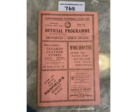 31/32 Chesterfield v Oldham Athletic Football Programme: 2nd Division match dated 24 10 1931. Very good with no team changes 
