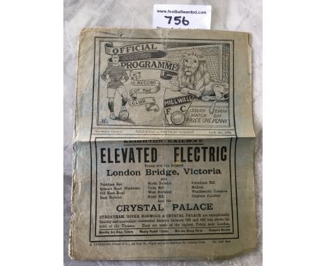 1914/1915 Millwall v Croydon Common Football Programme: Southern League match from beginning of World War One. Folding with t