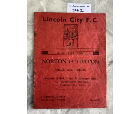 36/37 Lincoln City v Port Vale Football Programme: Division 3 North in fair condition with staples rusted away leaving holes,