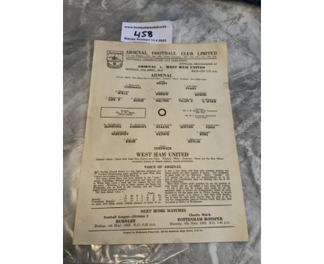 52/53 Arsenal v West Ham Combination Semi Final Football Programme: Single sheet dated 27 4 1953. Unwritten in good condition