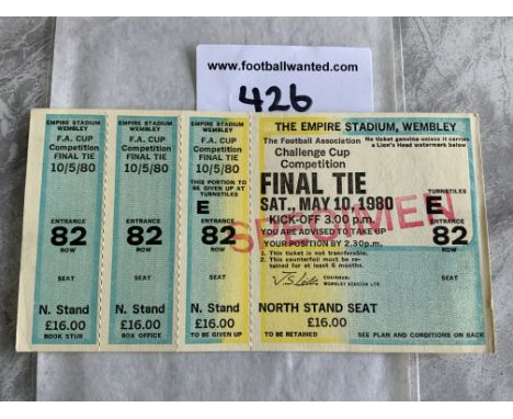 1980 FA Cup Final Specimen Football Ticket: Arsenal v West Ham with 3 counterfoils. This would have been sent from the printe