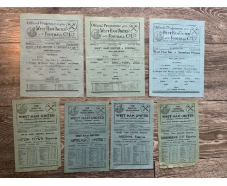 1940s West Ham Home Football Programmes: Reserves v 47/48 Luton tiny piece missing from corner, 48/49 Arsenal, Birmingham tat