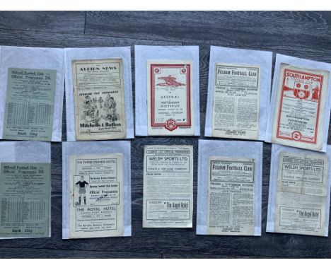 1940s Tottenham Away Football Programmes: 46/47 Millwall x 2, 47/48 Cardiff x 2, Fulham, Barnsley, 48/49 Southampton, Fulham,