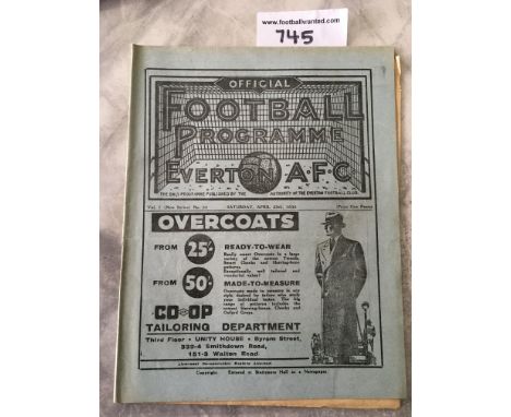 35/36 Everton v Birmingham City Football Programme: Very good condition programme with no team changes. Dated 25 4 1936.