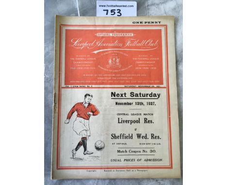 37/38 Liverpool v Brentford Football Programme: Very good condition with no team changes dated 6 11 1937.